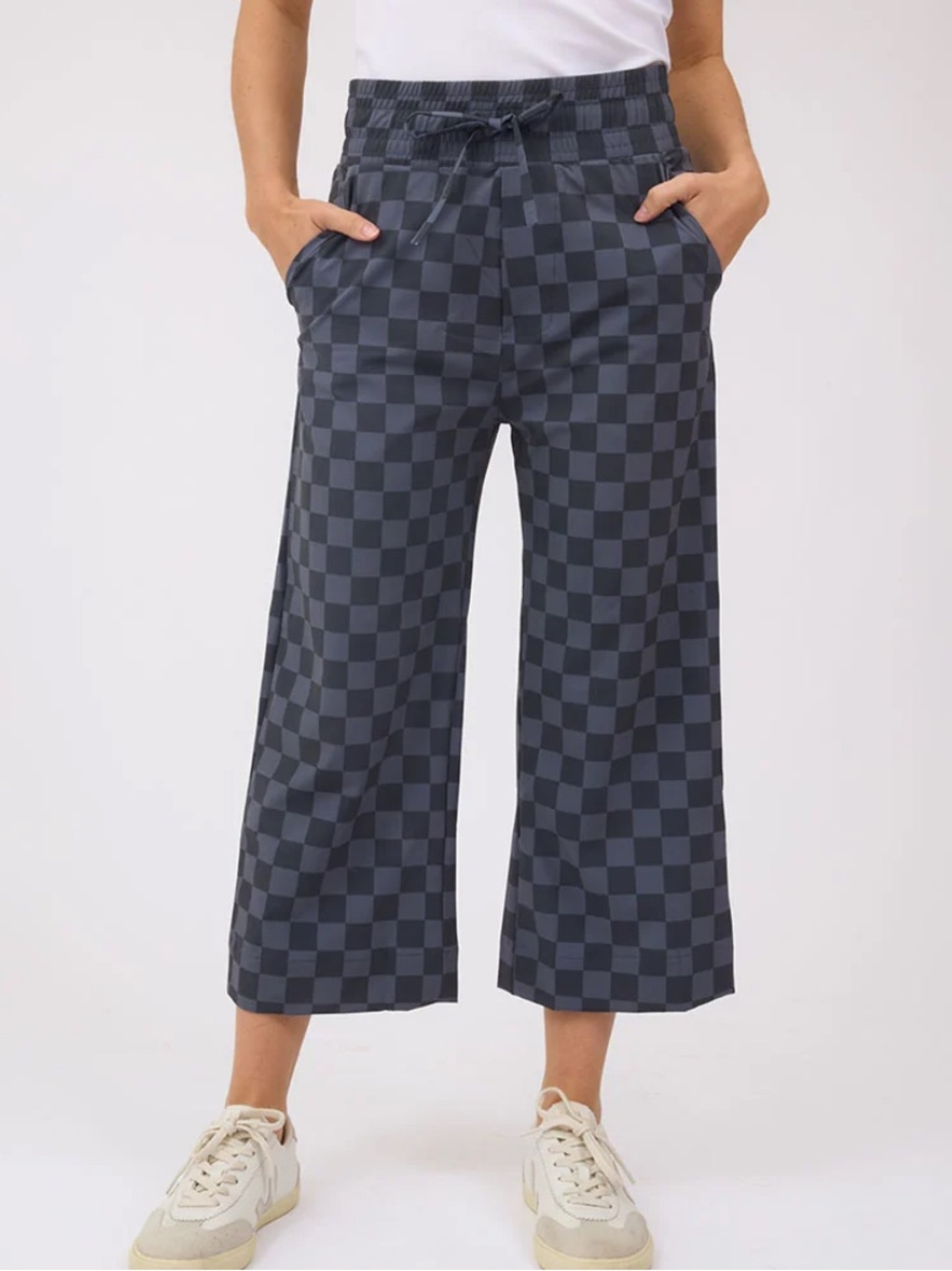 Albion Fit Audrey Wide Leg Pants Cropped Slate Checkers Stretch Travel XS